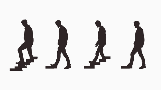Four sequential silhouettes of a person walking up a staircase. Solid black against white background