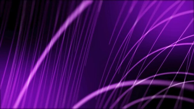 Purple waving lines and fine glowing particles moving in a synchronized rhythmic pattern to visualize digital frequencies and high speed fiber optic data streams.