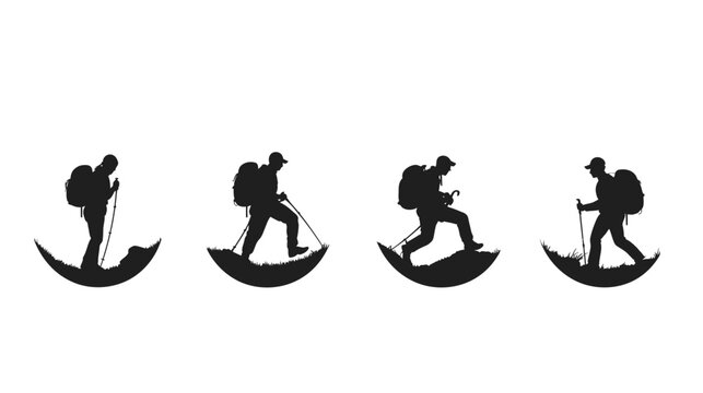 Silhouettes of hikers with backpacks and trekking poles ascending terrain on curved green bases
