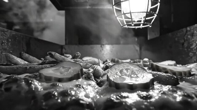 Low angle close-up of a pizza topped with sliced pickles and fries under a bright caged light in a dark kitchen.