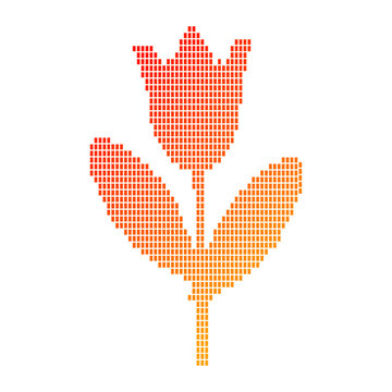 Minimalist red pixel tulip flower icon on white, Digital floral mosaic design with orange gradient, Simple pixelated spring tulip illustration for logo, Modern geometric flower graphic in retro pixel 