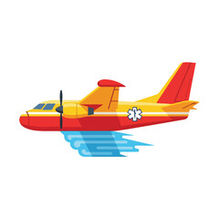 Naklejka premium Rescue airplane dropping water on forest fire from air