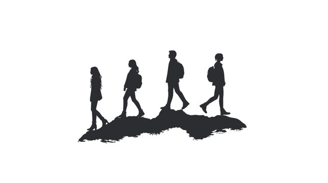 Silhouetted figures trekking across a rough terrain, evoking adventure and journeys, set against white