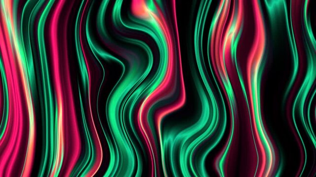 Abstract liquid wavy texture background with glowing pink and emerald green flowing lines on dark backdrop