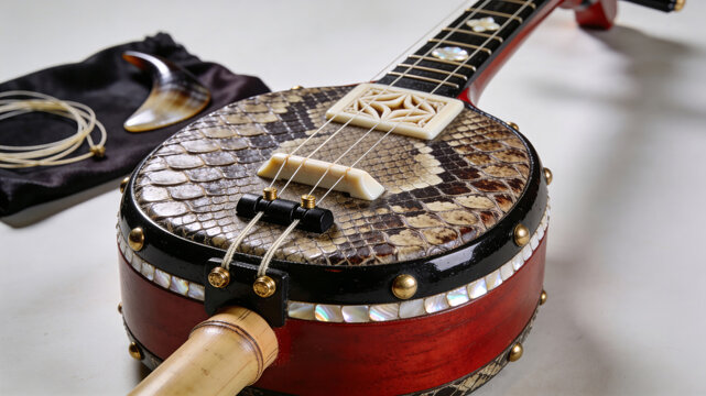 Close-up of a traditional Japanese musical instrument shamisen with snakeskin body and mother-of-pearl inlay. Authentic artisan craftsmanship of stringed instruments