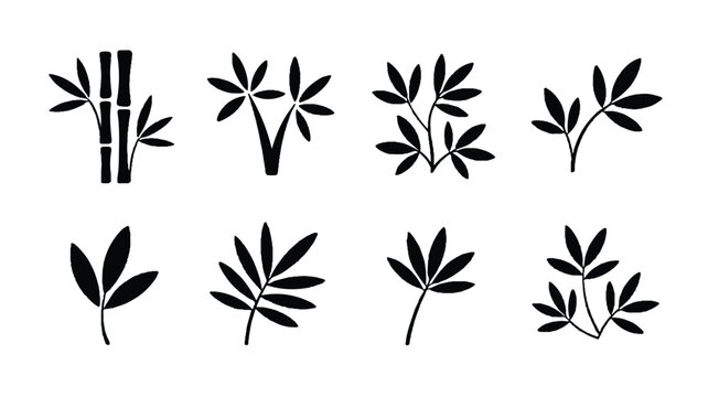 black silhouettes of various plants and bamboo stems on white background