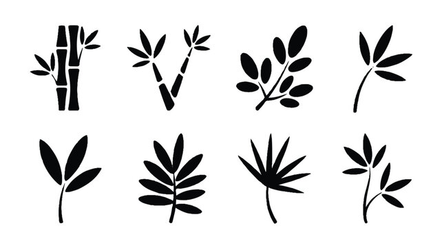 Black silhouette plant icons with leaves and stems on white background
