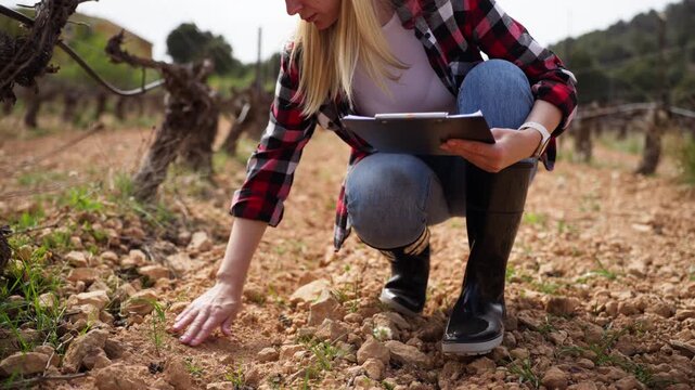 Female agronomist inspecting soil in vineyard and taking notes. Farmer analyzing land quality for grape cultivation, wine production and agriculture business concept.