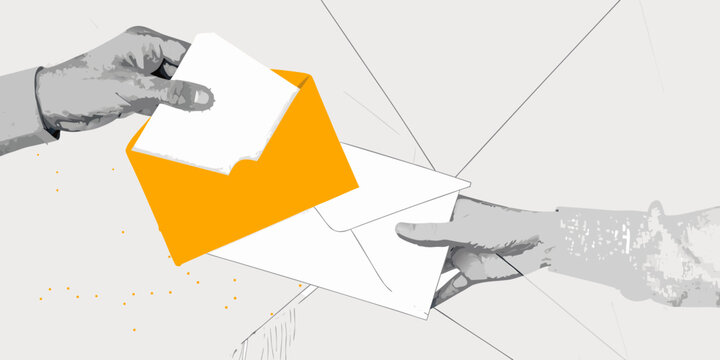 Hands exchanging letters with an envelope opening and papers falling