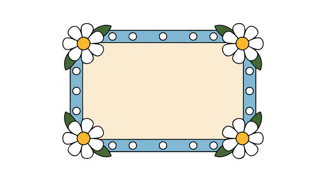 blue polka dot frame with white flowers and green leaves around beige rectangle