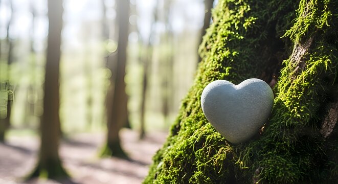 Heart-shaped stone resting on a mossy tree trunk in a sun-dappled forest, symbolizing love and nature, with a blurred background of trees and soft, diffused light.