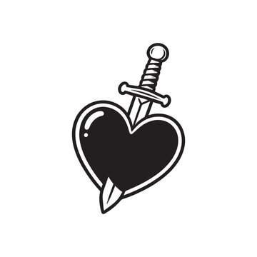 Classic American Traditional Dagger Piercing Heart Tattoo Design Black and White Vector. 