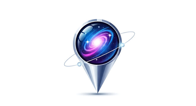 A shiny silver location pin with a galaxy inside and orbiting rings on a white background space theme