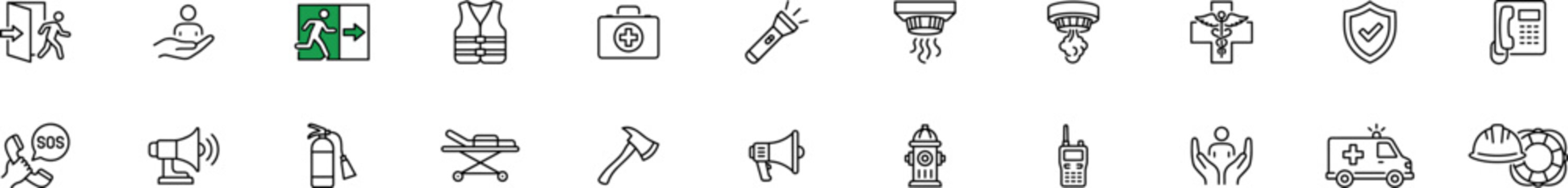 safety emergency line icons set with exit alarm extinguisher flashlight hydrant ambulance helmet lifebuoy stretcher axe megaphone sos telephone and protection symbols on transparent background