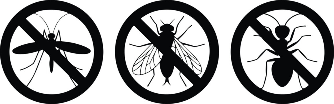Black and white warning signs featuring forbidden icons of common household insects and annoying pests