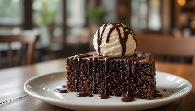 Warm chocolate cake slice with vanilla ice cream and chocolate drizzle