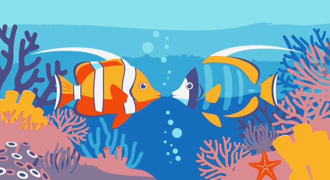 Colorful clownfish and blue fish swimming.