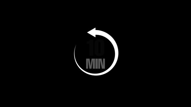 Circle arrow refresh icon with 10 minutes timer animation isolated on black background