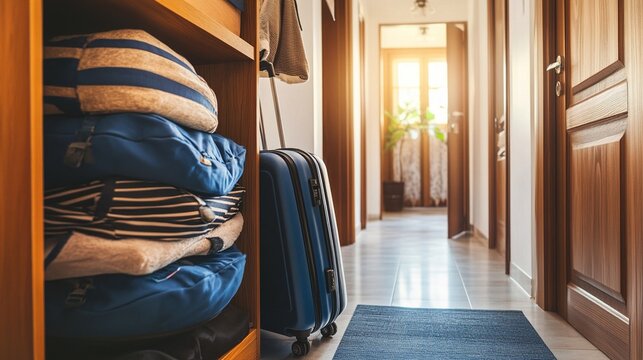 departure. Neatly arranged travel luggage set in an elegant hallway, symbolizing journey preparation and anticipation. tourism brochures, itinerary planners, designed for travel destination branding.