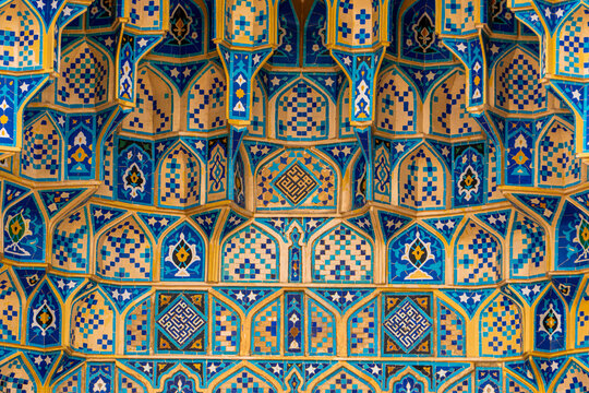 Close up on the details of the dome of Guri Amir or Gur Emir is a mausoleum of the Mongol conqueror Amir Temur, Samarkand, Uzbekistan