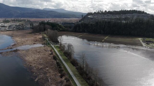 Pitt River Dike Trails In Pitt Meadows, British Columbia, Canada. Aerial Drone Shot