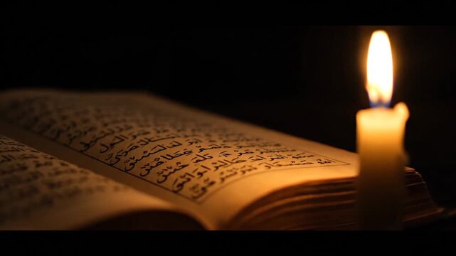 Illuminated Quran and Candle Light, Islamic Holy Book, Arabic Script, Religious Study