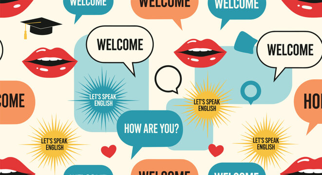 Educational pattern for learning english with speech bubbles graduation caps lips and common phrases on a neutral cream background.