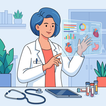 A healthcare professional is interacting with futuristic digital health data, showcasing heart and organ visuals along with statistical graphs in a modern medical setting.