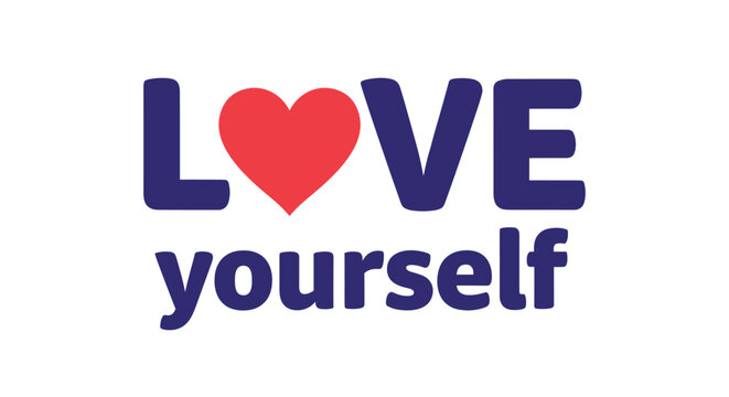 Simple and meaningful text art with LOVE yourself message in dark blue typography featuring a red heart on a white background.