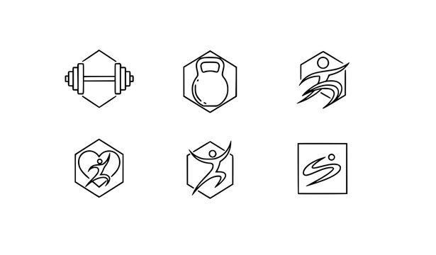 Minimal fitness club logos outline set gym training badge line art vector design