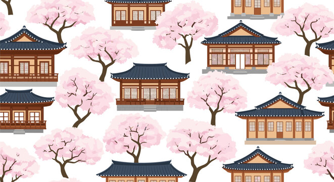 Beautiful traditional korean architecture pattern featuring classic hanok buildings surrounded by pink cherry blossom trees.
