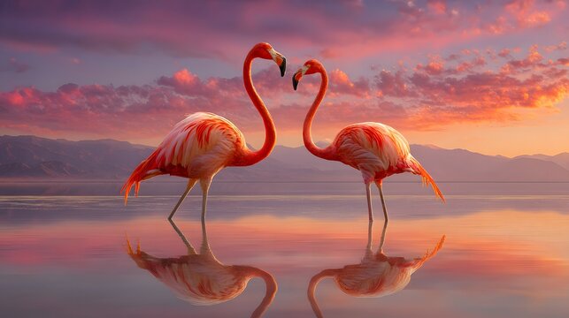 Two flamingos standing in shallow water at sunset birds