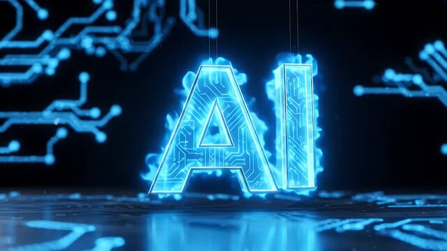 Glowing blue ai letters with circuit board design on a dark background with tech elements