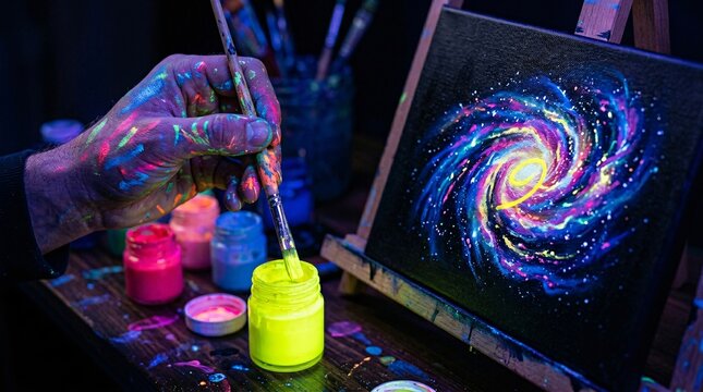 Gifted artist hand coated in glowing neon paint dips a fine brush into fluorescent yellow pigment to paint a cosmic galaxy under UV light.