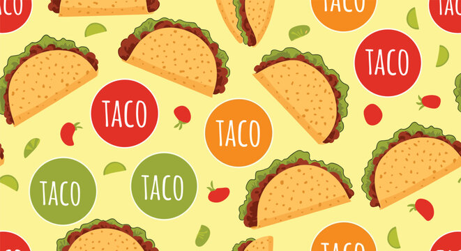 Seamless food pattern featuring delicious illustrated tacos and colorful circles with the word taco on a yellow background.