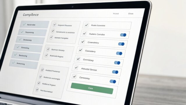 A laptop screen displays a compliance checklist with various options marked, including toggles for consent and data privacy settings on a sleek interface.