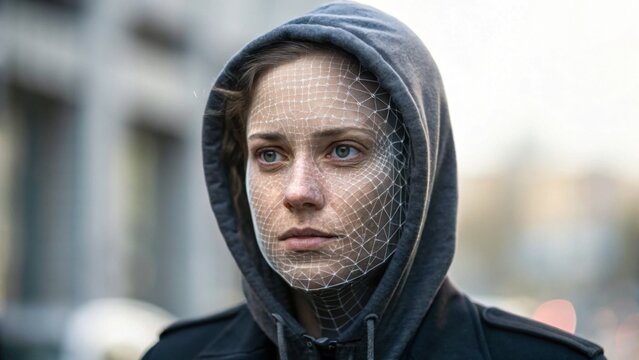 A woman in a hoodie with facial recognition mesh overlay, symbolizing AI and biometric identification in urban settings.