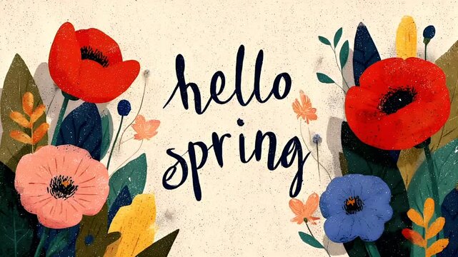 Spring season, garden park, flower, fresh, life. A vibrant illustration features a collection of colorful flowers and leaves. The main subject is a large red poppy with a black center.