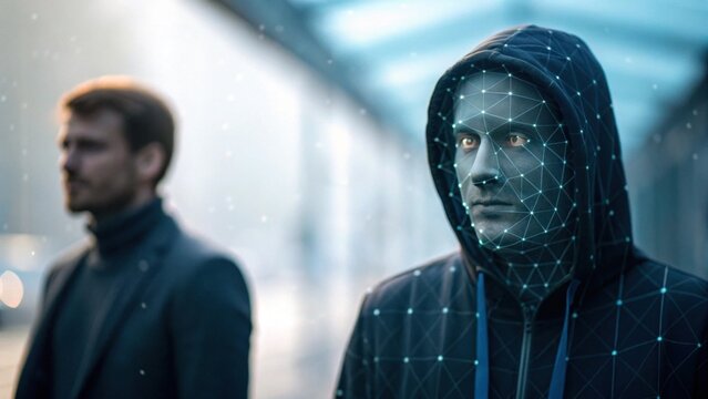 A man in a hooded jacket with a digital facial mesh stands in focus, while another blurred man is in the background, suggesting themes of identity and technology.