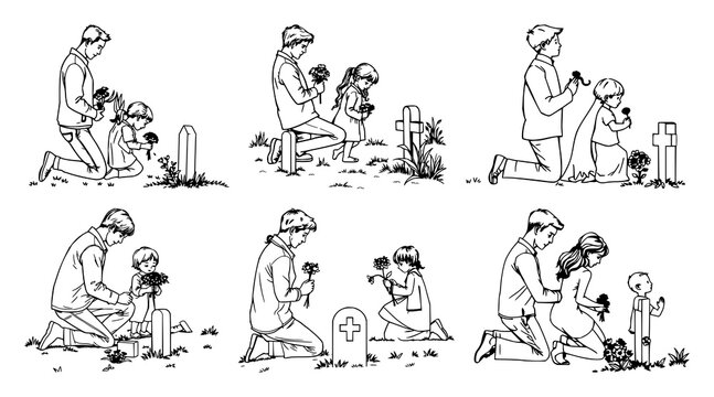 Family at grave set with emotional clean line art design featuring father, mother, child with flowers and gravestone