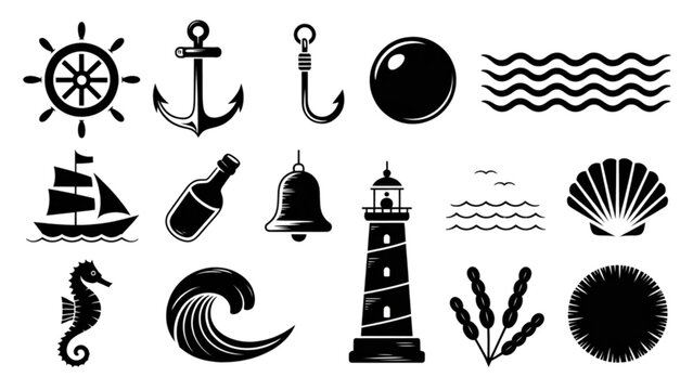 Icon set featuring nautical and maritime symbols with anchors, lighthouses, and ship motifs