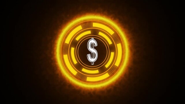 Glowing circular interface with golden dollar sign. Digital dollar sign for finance. Modern dollar sign icon for digital currency and electronic transactions.