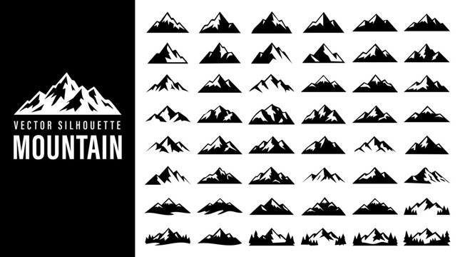 Collection of diverse mountain silhouettes in black and white vector style