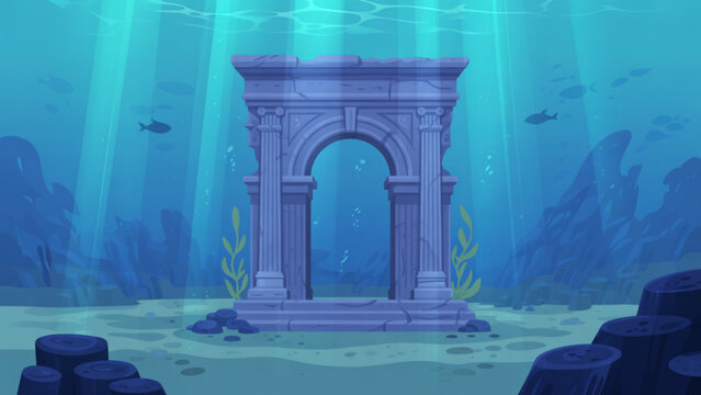 Mysterious underwater ancient archway surrounded by deep blue waters