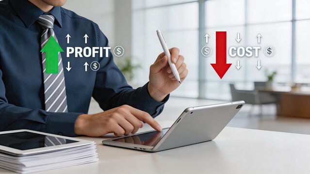 Businessman analyzing financial data on tablet increasing profit margin concept green arrow up with dollar sign graphics reducing operating expenses chart red down arrow pointing