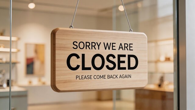 sorry we are closed sign hanging on glass door wooden board in shop with blurred background for business hours