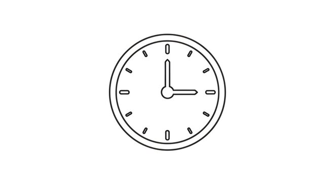 A simple black and white line drawing of a clock face showing the time at three o clock precisely