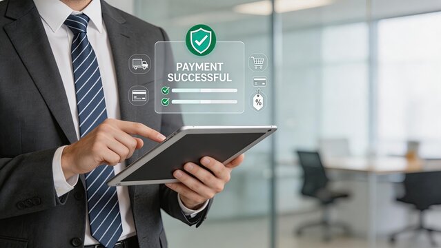 Businessman holding tablet showing payment successful screen online shopping transaction ecommerce digital payment security checkout process credit card purchase confirmation