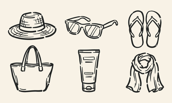 Summer Accessories Set Hat, Sunglasses, Sandals, Bag, Sunscreen, Scarf Collection Hand Drawn Line Art Vector Illustration Design.