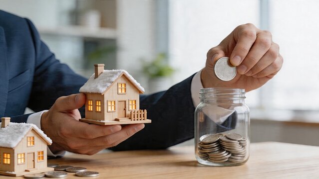 Businessman holding miniature wooden house with lit windows in one hand putting coin into glass jar filled with money on wooden table financial planning for housing or savings